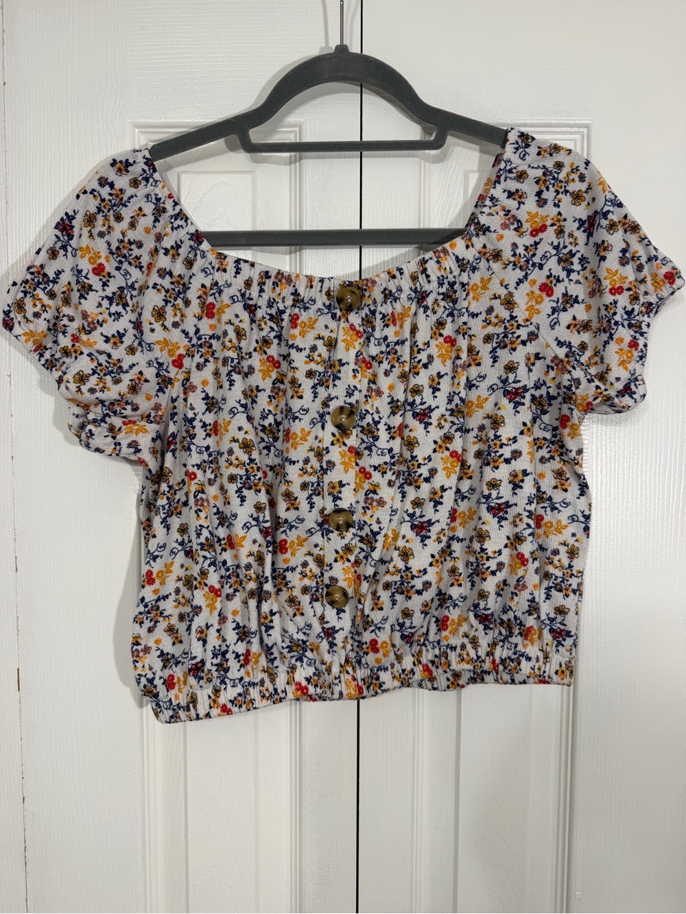 Almost Famous Floral Button Front Top Large Ivory Multicolor
